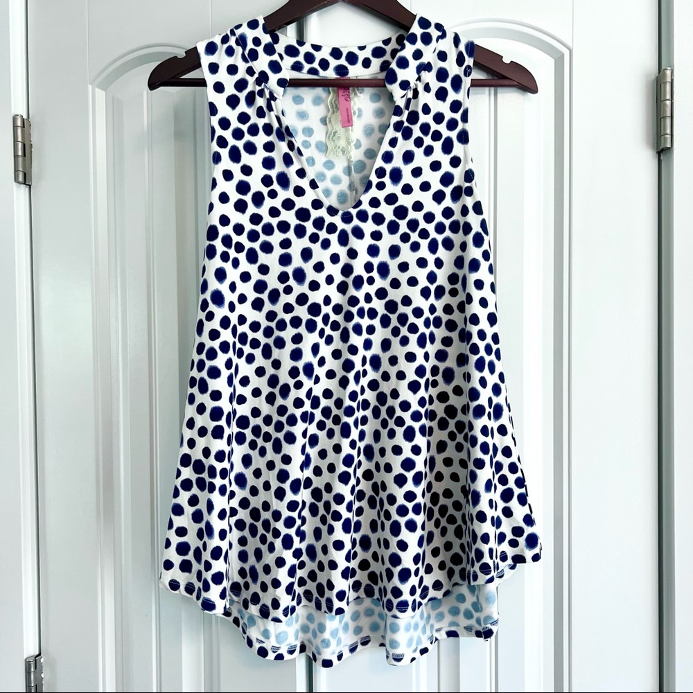 Cinnamon Girl Blue & White Polka-Dot Asymmetrical Sleeveless Top - Size S